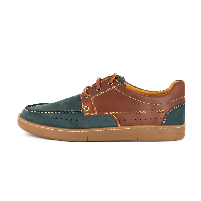Bukekayo : Men's Leather Boat Shoe in Navy Nubuck & Light Brown Cyclone - Image 3
