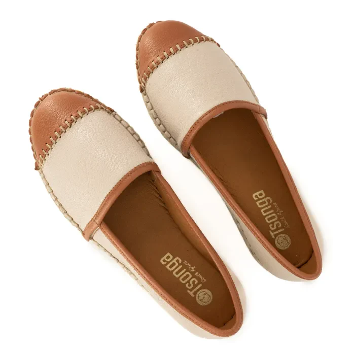 Cottonou : Ladies Leather Espadrille in Cream & Oak - Image 5