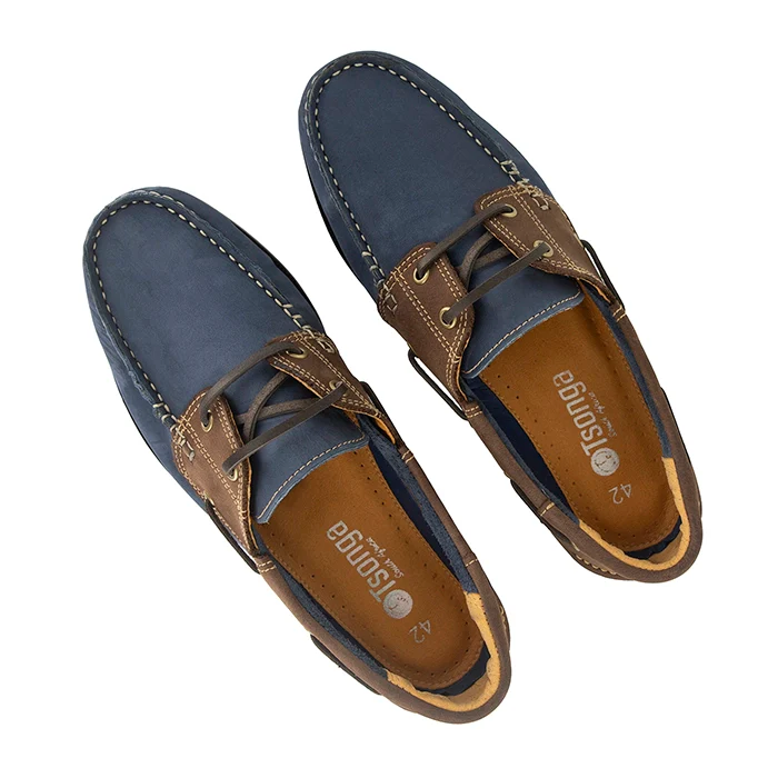 Exwaya : Mens Leather Boat Shoe in Marine & Brown Rodeo - Image 5