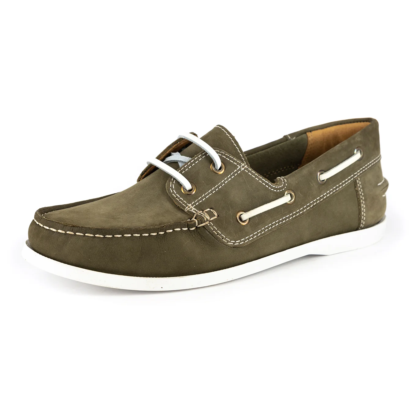 Exwaya : Mens Leather Boat Shoe in Olive Nubuck - Image 3