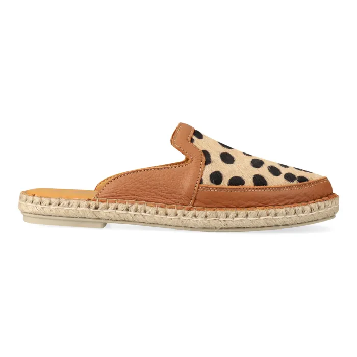 Halamuza : Ladies Leather Espadrille Mule in Oak & Spotted Print - Image 3
