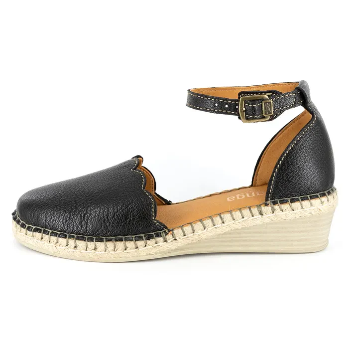 Inkantolo : Ladies Leather Wedge Espadrille in Black Cayak - Image 3