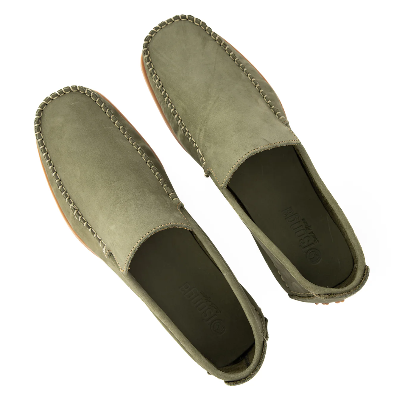 Insonga : Mens Leather Moccasin in Olive Nubuck - Image 5