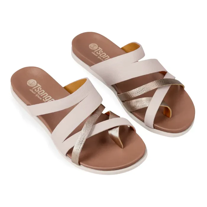 Kunqambeli : Ladies Leather Sandal in Cream & Sabbia