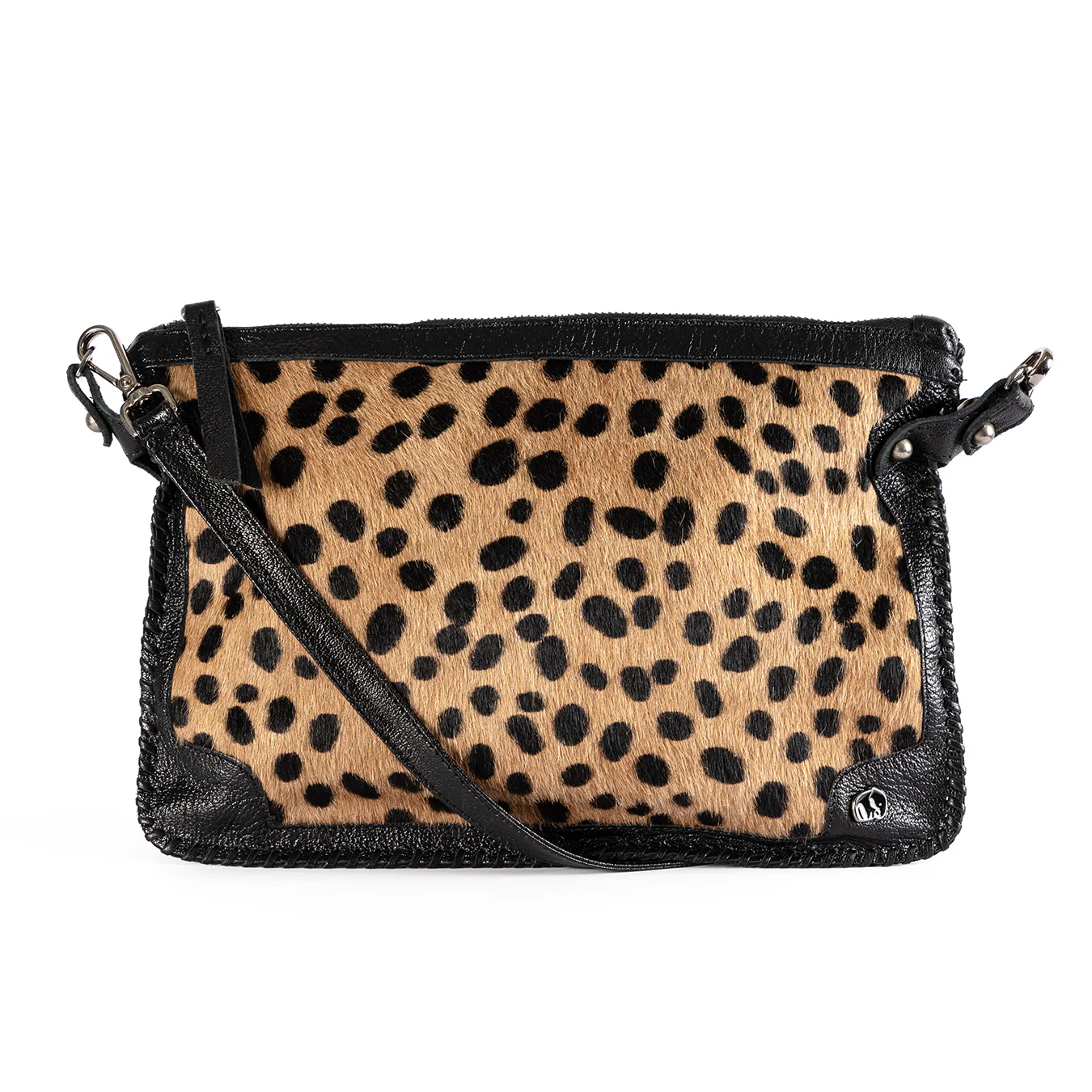 Maduva : Ladies Leather Crossbody Handbag in Spotted print & Black - Image 2