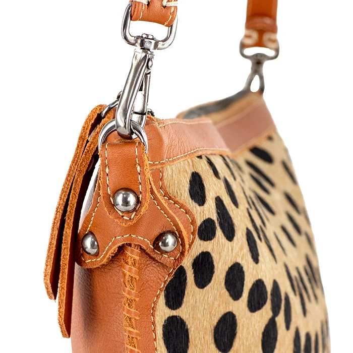 Maduva : Ladies Leather Crossbody Handbag in Spotted Print & Oak - Image 7