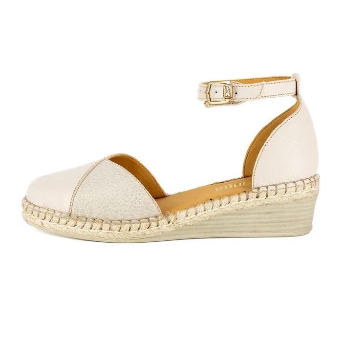 Mirembe : Ladies Leather Wedge Espadrille in Cream & Stone - Image 3
