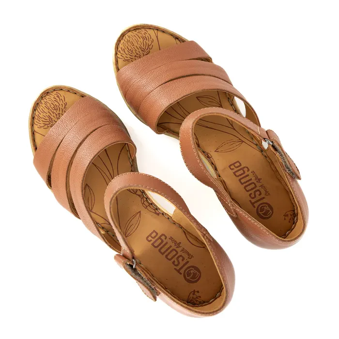Nontle : Ladies Leather High-Heel Wedge Sandal in Oak - Image 4
